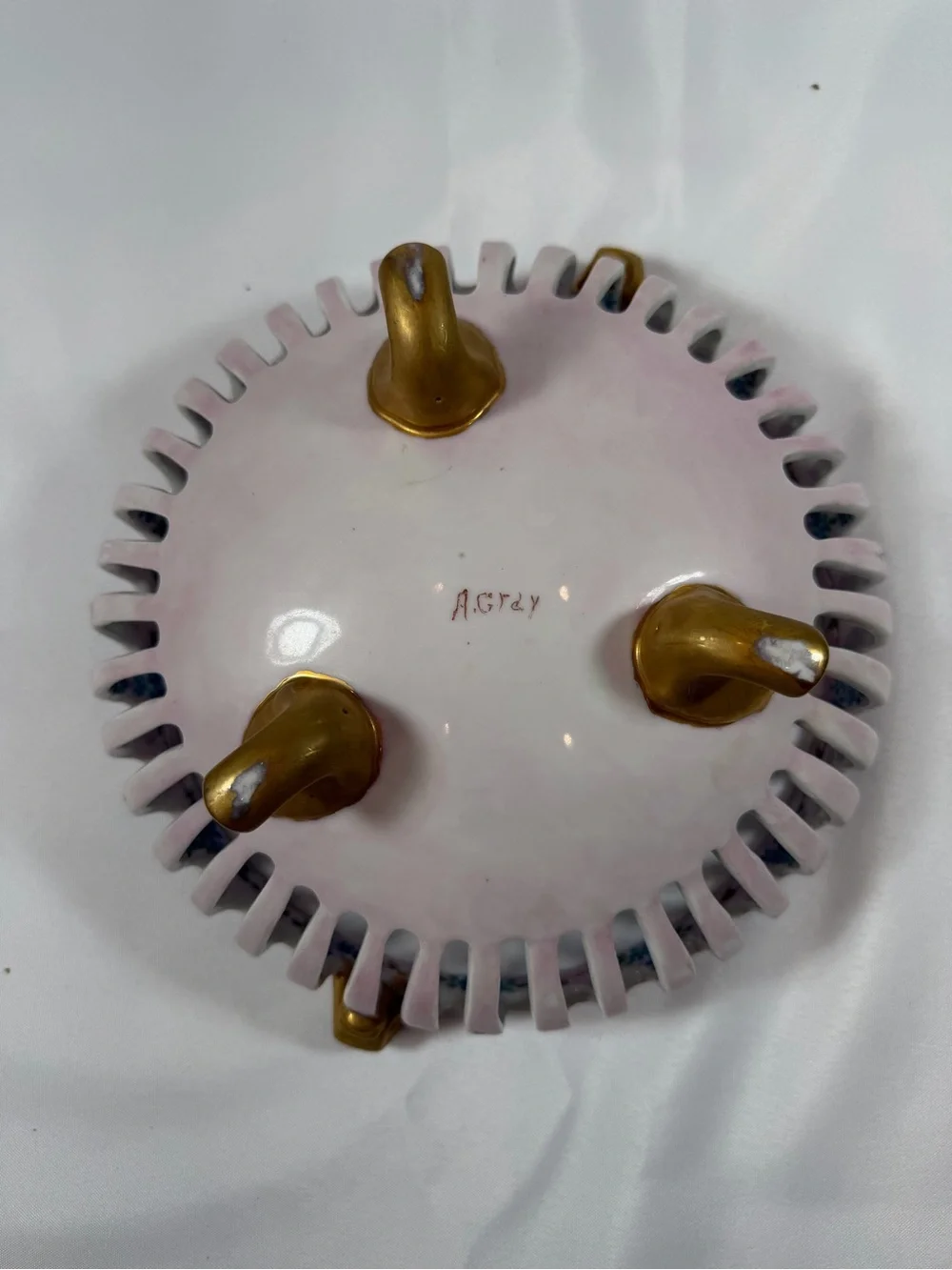 Vintage Reticulated Lattice Footed Fruit Bowl, Dresden-Style, Luster Glaze